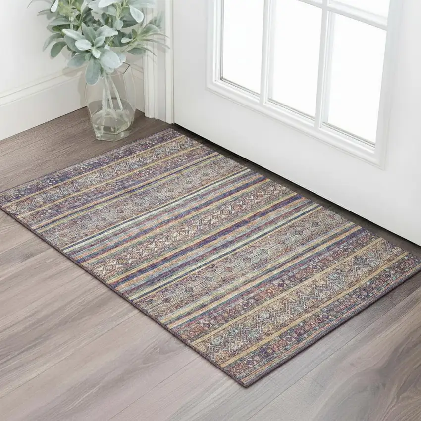 Blue Beige And Gray Striped Washable Area Rug With UV Protection Photo 2