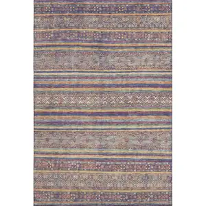 Photo of Blue Beige And Gray Striped Washable Area Rug With UV Protection