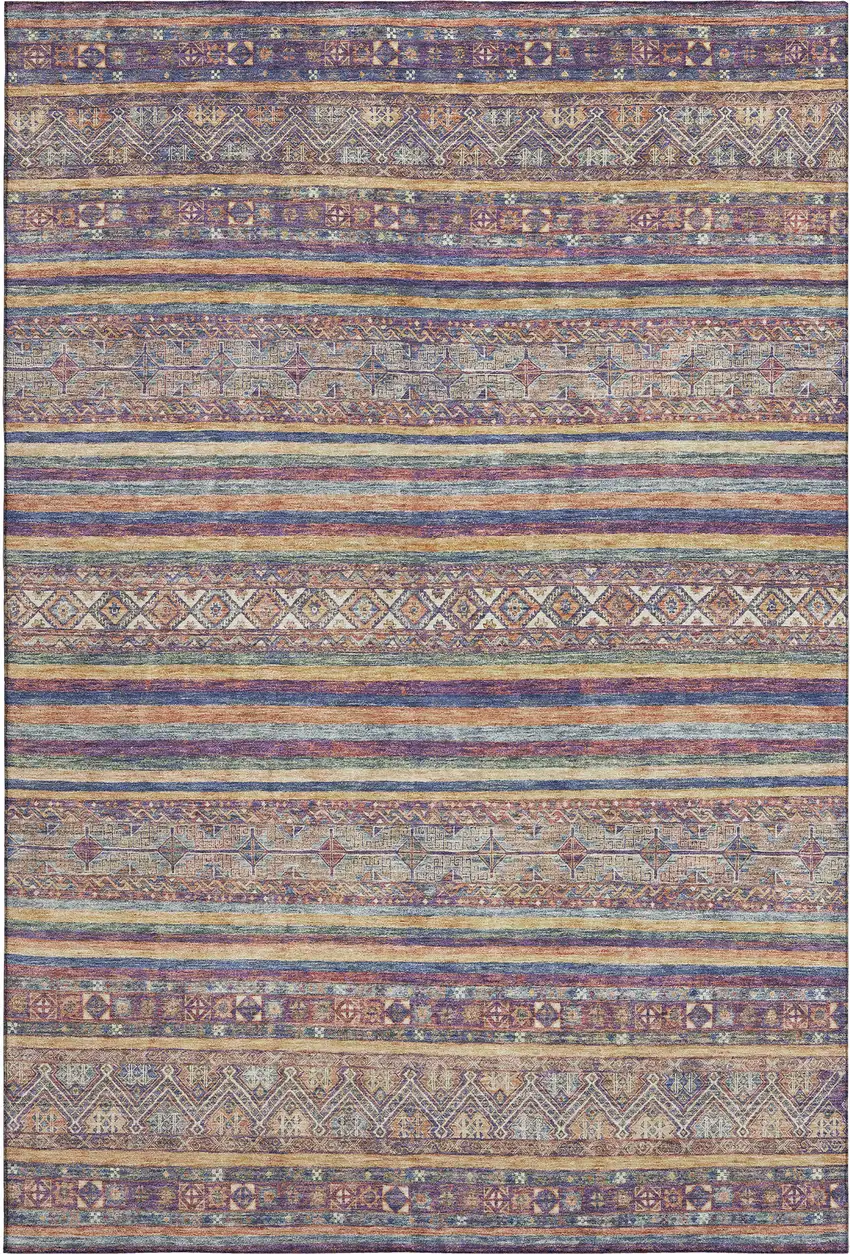 Blue Beige And Gray Striped Washable Area Rug With UV Protection Photo 1