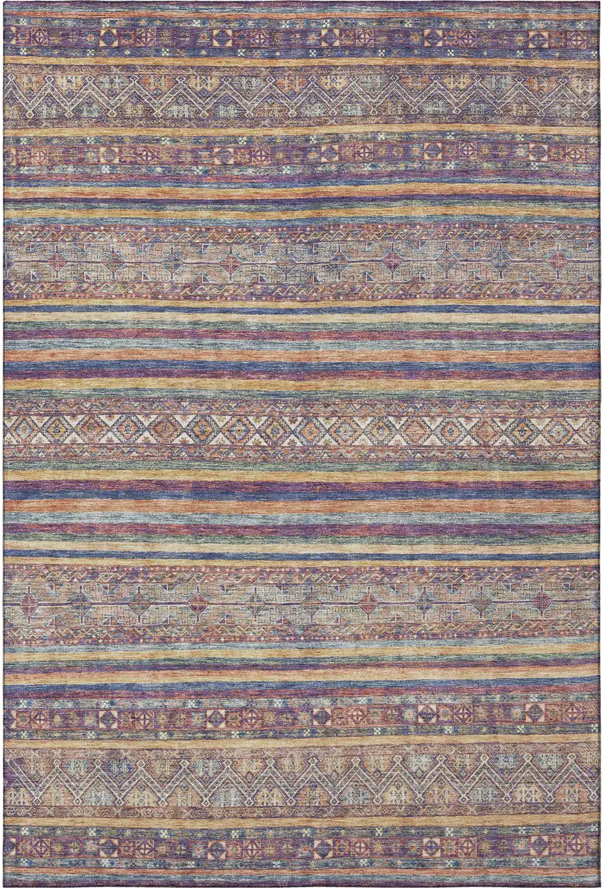 Blue Beige And Gray Striped Washable Area Rug With UV Protection Photo 3