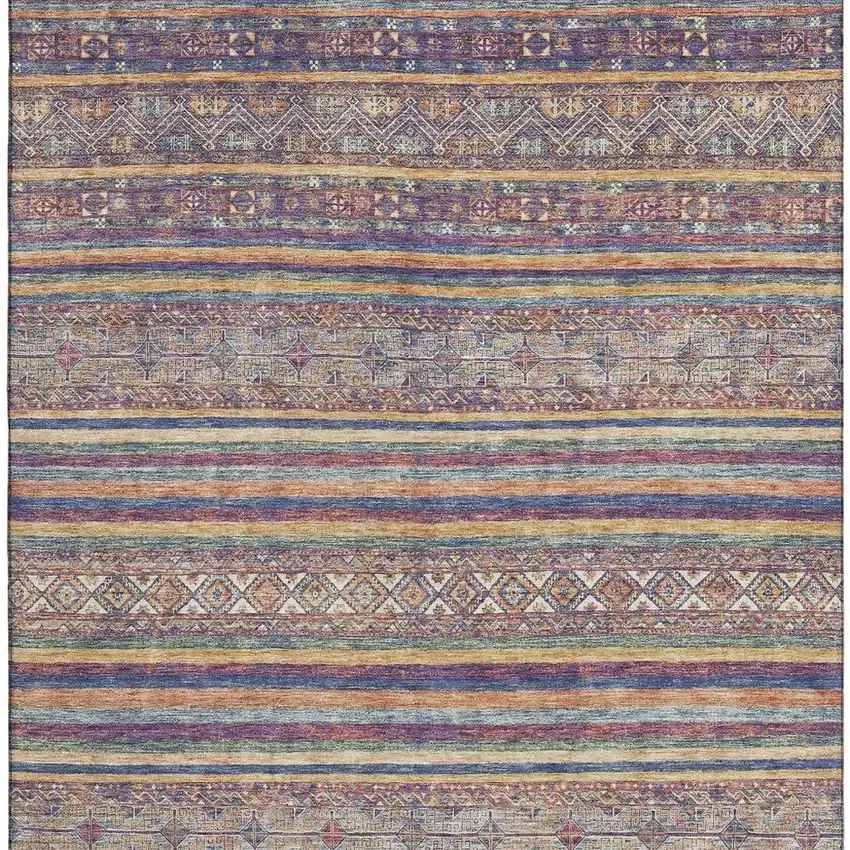Blue Beige And Gray Striped Washable Area Rug With UV Protection Photo 2