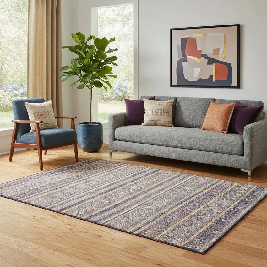 Blue Beige And Gray Striped Washable Area Rug With UV Protection Photo 2