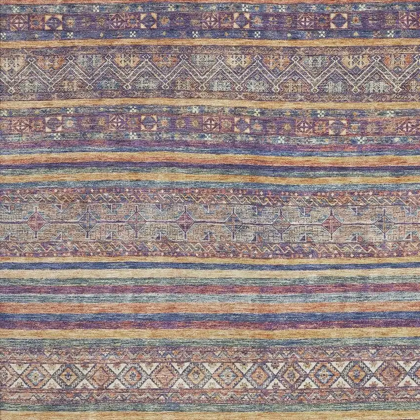 Blue Beige And Gray Striped Washable Area Rug With UV Protection Photo 2