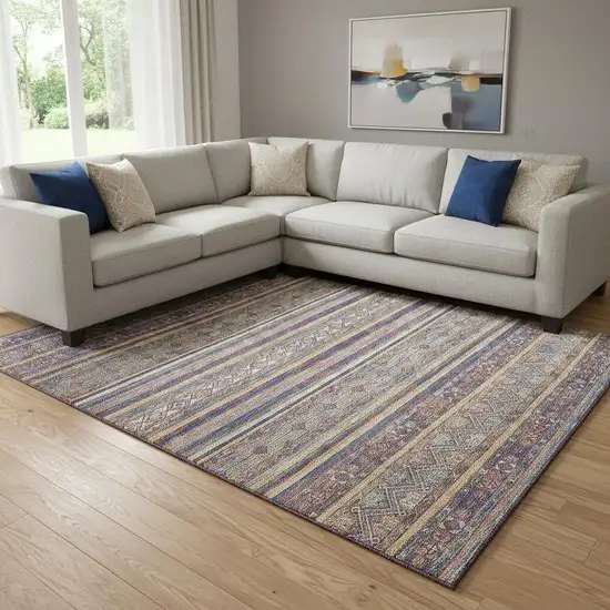 Blue Beige And Gray Striped Washable Area Rug With UV Protection Photo 2