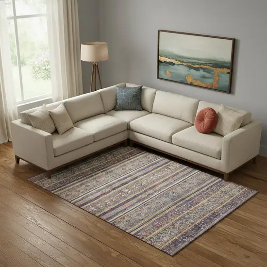 Blue Beige And Gray Striped Washable Area Rug With UV Protection Photo 2