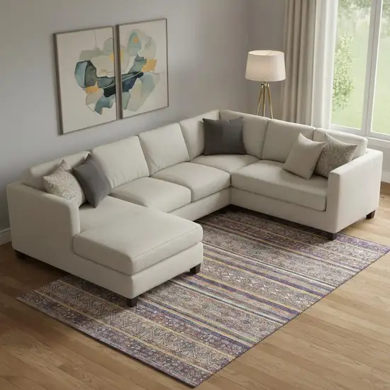 Blue Beige And Gray Striped Washable Area Rug With UV Protection Photo 2