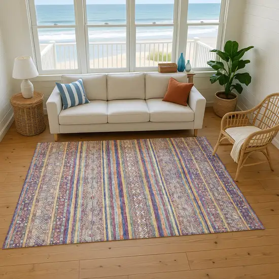 Blue Beige And Gray Striped Washable Area Rug With UV Protection Photo 6