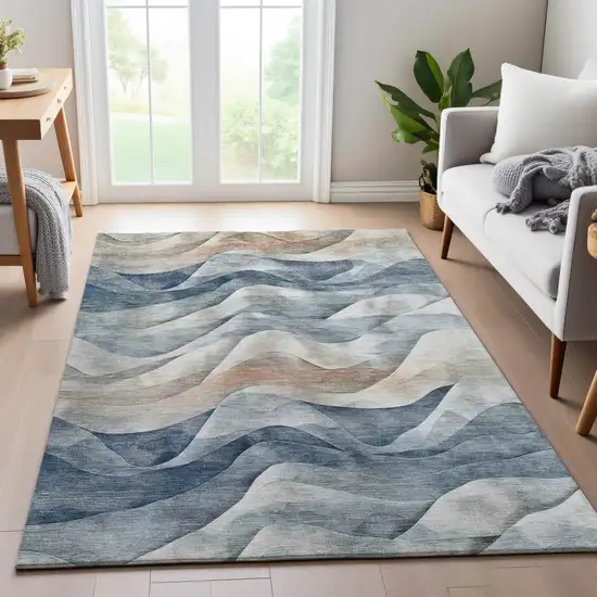 Blue Beige And Ivory Abstract Washable Area Rug With UV Protection Photo 5