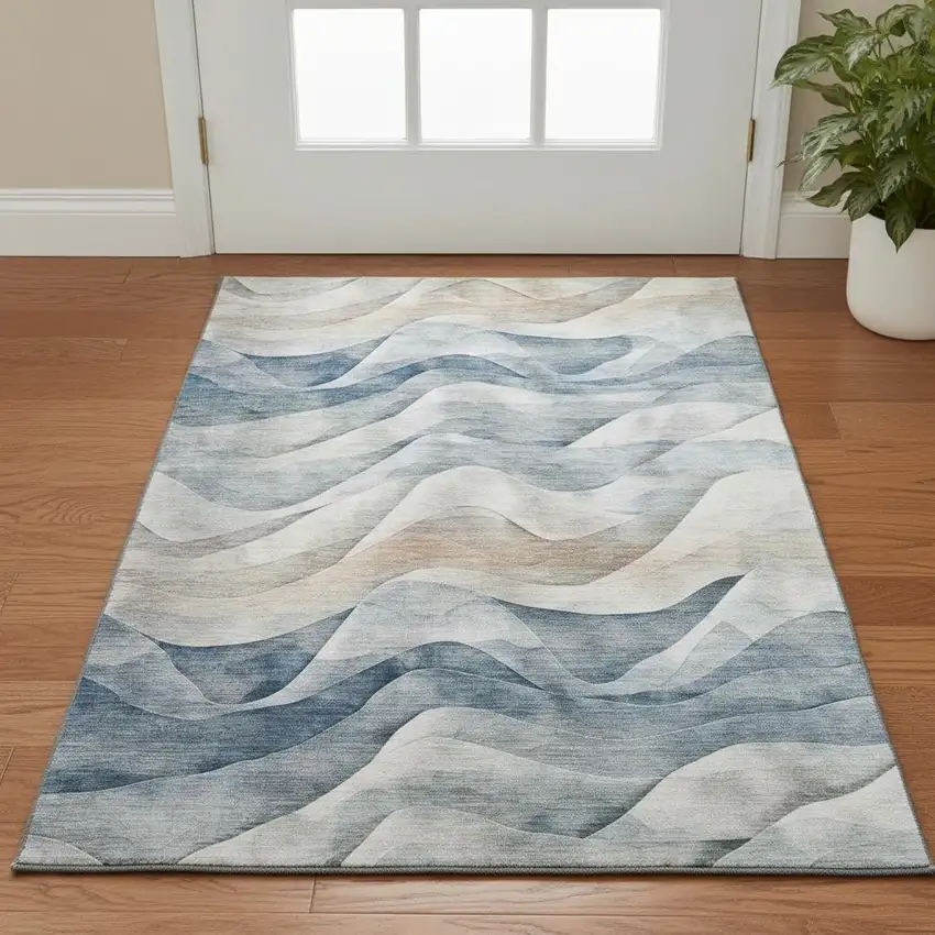 Blue Beige And Ivory Abstract Washable Area Rug With UV Protection Photo 2