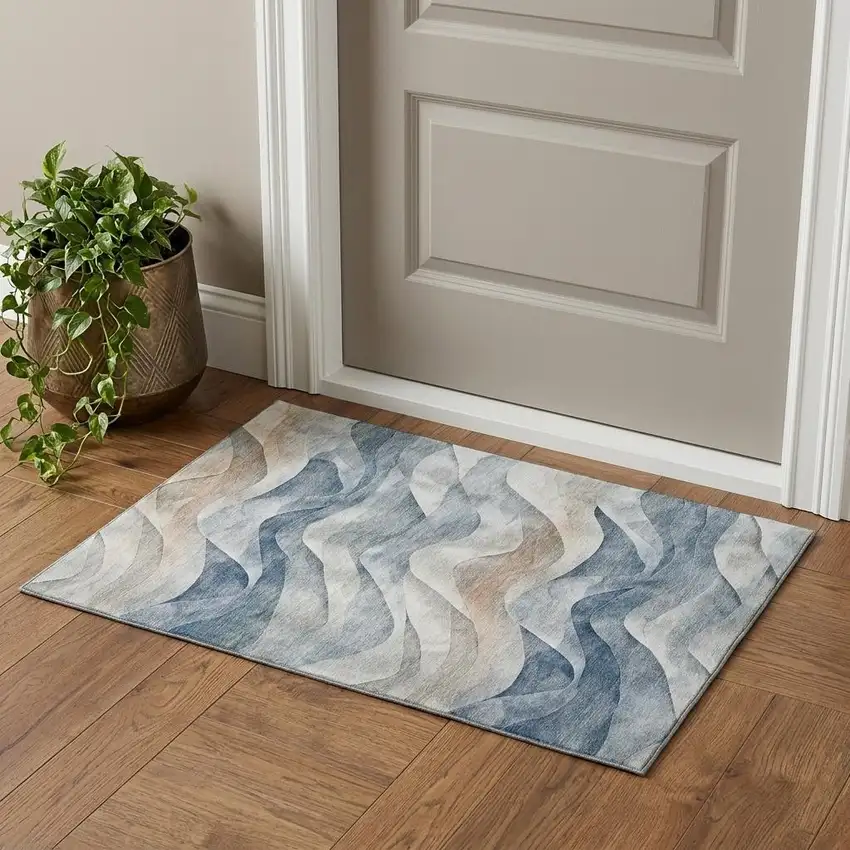 Blue Beige And Ivory Abstract Washable Area Rug With UV Protection Photo 1
