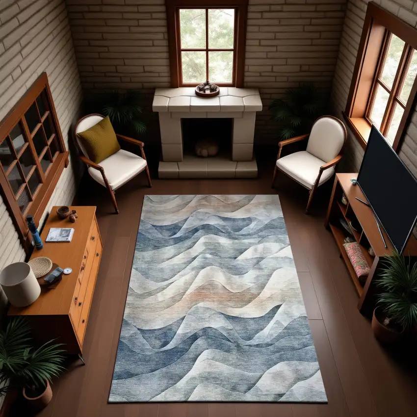 Blue Beige And Ivory Abstract Washable Area Rug With UV Protection Photo 4