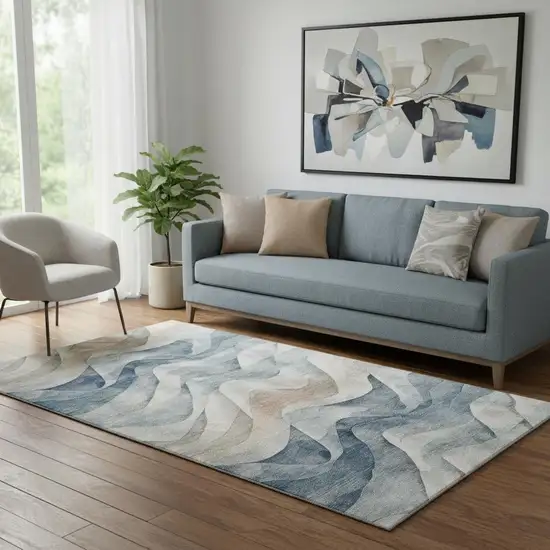 Blue Beige And Ivory Abstract Washable Area Rug With UV Protection Photo 2