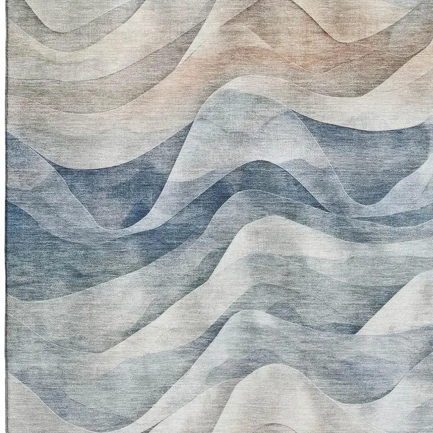 Blue Beige And Ivory Abstract Washable Area Rug With UV Protection Photo 2