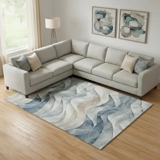 Blue Beige And Ivory Abstract Washable Area Rug With UV Protection Photo 2