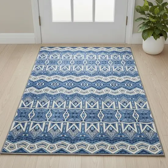 Blue Beige And Ivory Moroccan Washable Area Rug With UV Protection Photo 2