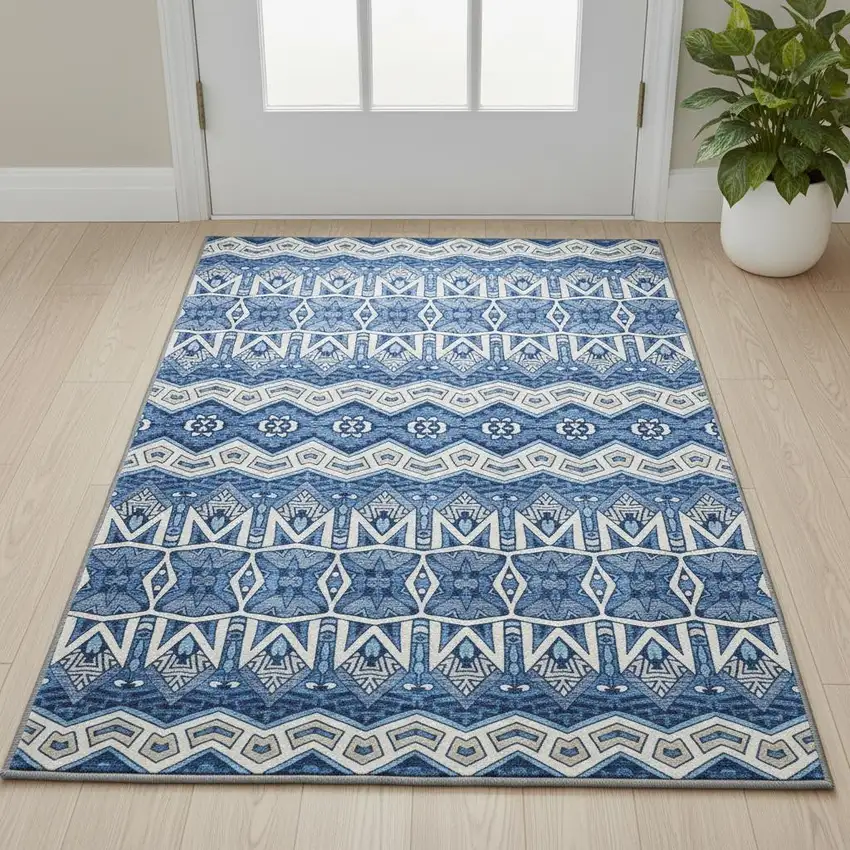 Blue Beige And Ivory Moroccan Washable Area Rug With UV Protection Photo 2