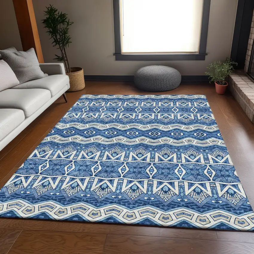 Blue Beige And Ivory Moroccan Washable Area Rug With UV Protection Photo 6