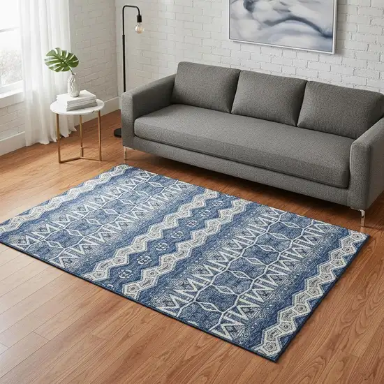 Blue Beige And Ivory Moroccan Washable Area Rug With UV Protection Photo 2