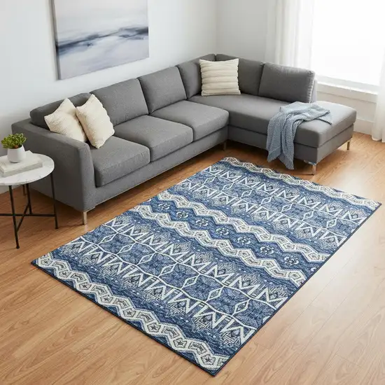 Blue Beige And Ivory Moroccan Washable Area Rug With UV Protection Photo 2