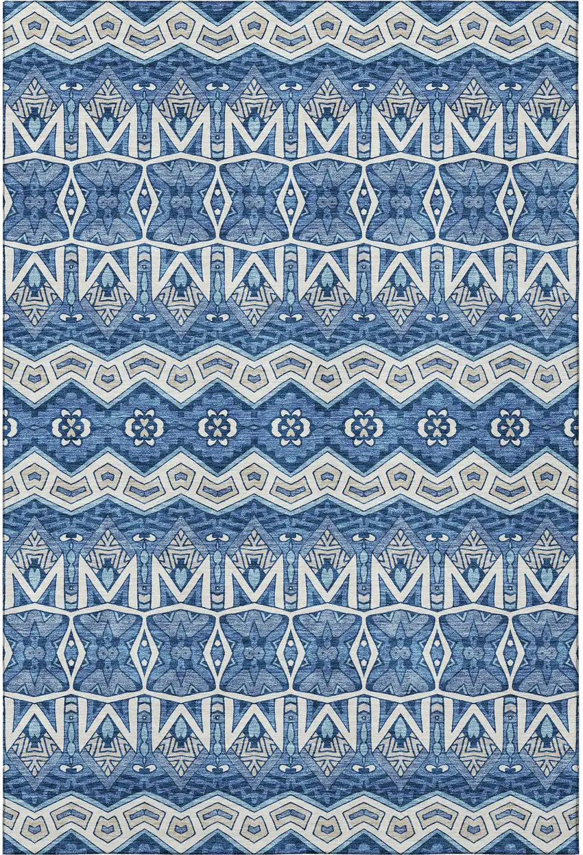 Blue Beige And Ivory Moroccan Washable Area Rug With UV Protection Photo 4