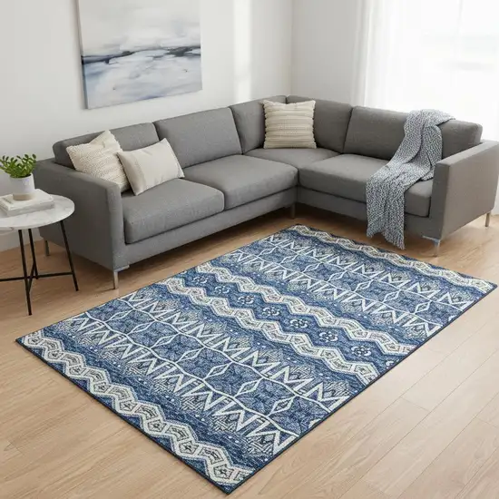Blue Beige And Ivory Moroccan Washable Area Rug With UV Protection Photo 2