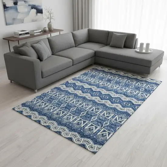 Blue Beige And Ivory Moroccan Washable Area Rug With UV Protection Photo 2