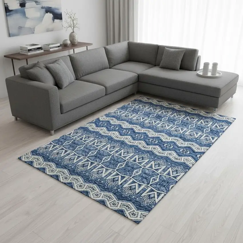 Blue Beige And Ivory Moroccan Washable Area Rug With UV Protection Photo 2