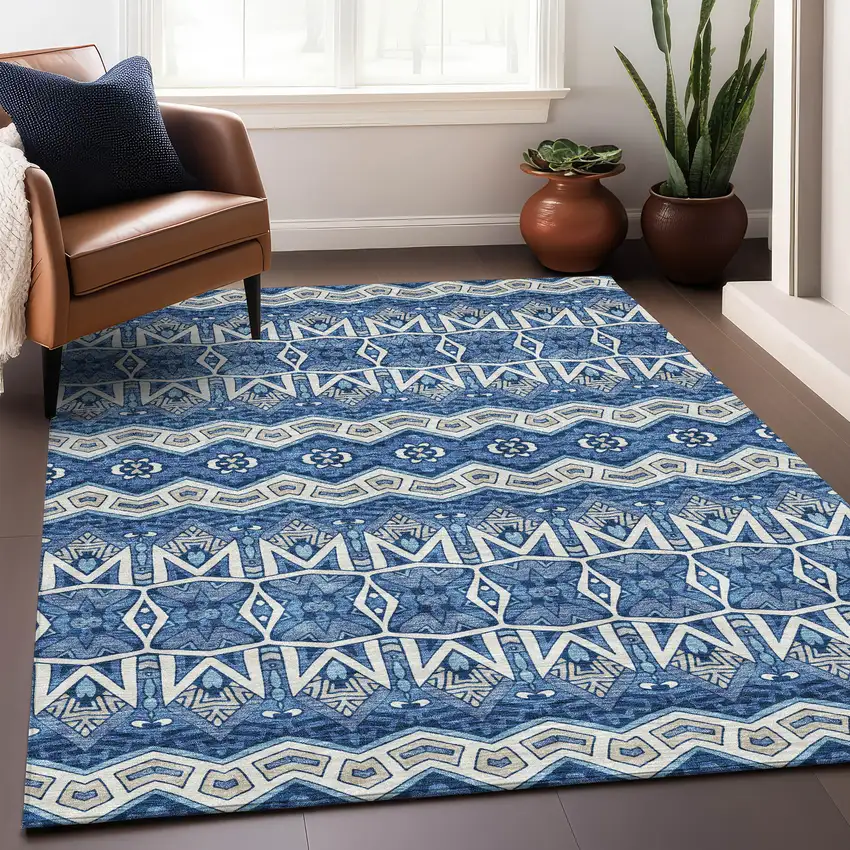Blue Beige And Ivory Moroccan Washable Area Rug With UV Protection Photo 5