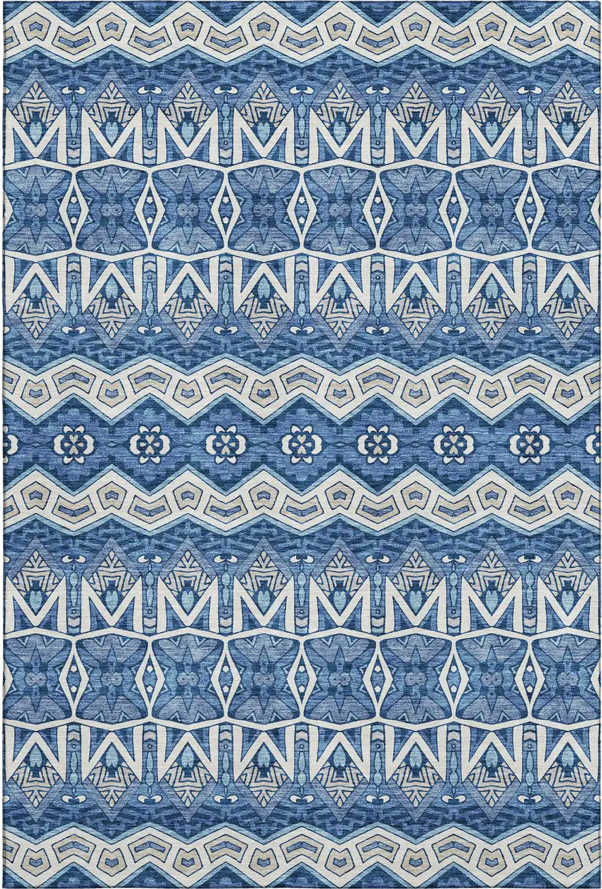 Blue Beige And Ivory Moroccan Washable Area Rug With UV Protection Photo 1