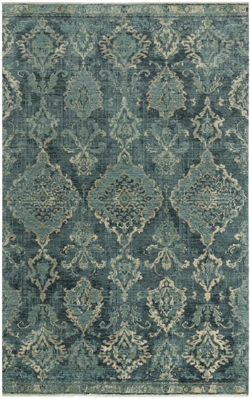 Blue Beige And Ivory Wool Oriental Hand Carved Handmade Area Rug Photo 1