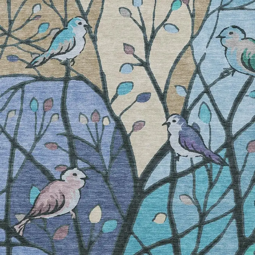 Blue Beige And Khaki Botanical Leaves Washable Indoor Outdoor Area Rug Photo 7