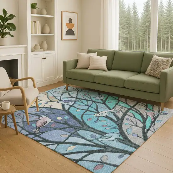 Blue Beige And Khaki Botanical Leaves Washable Indoor Outdoor Area Rug Photo 9