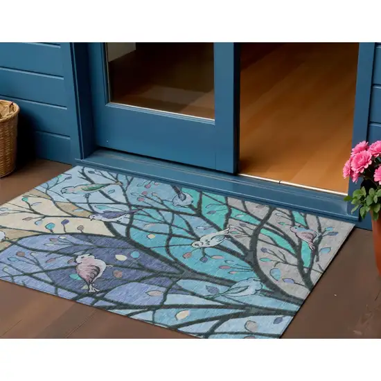 Blue Beige And Khaki Botanical Leaves Washable Indoor Outdoor Area Rug Photo 1