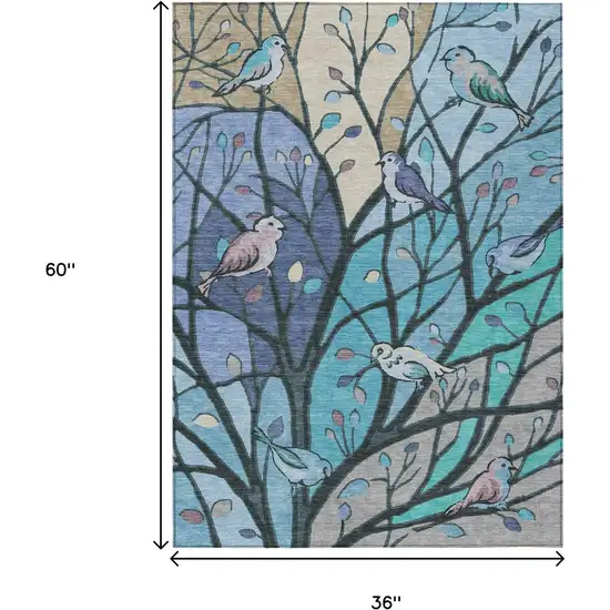 Blue Beige And Khaki Botanical Leaves Washable Indoor Outdoor Area Rug Photo 3