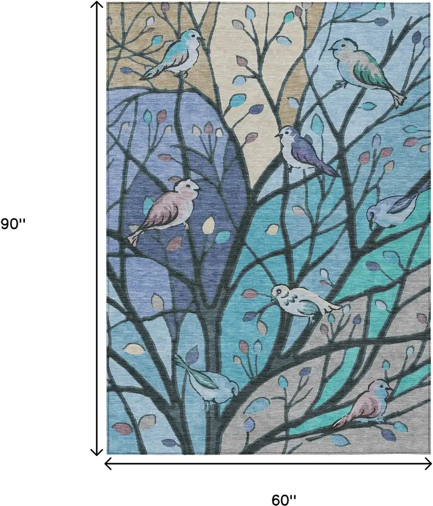 Blue Beige And Khaki Botanical Leaves Washable Indoor Outdoor Area Rug Photo 3