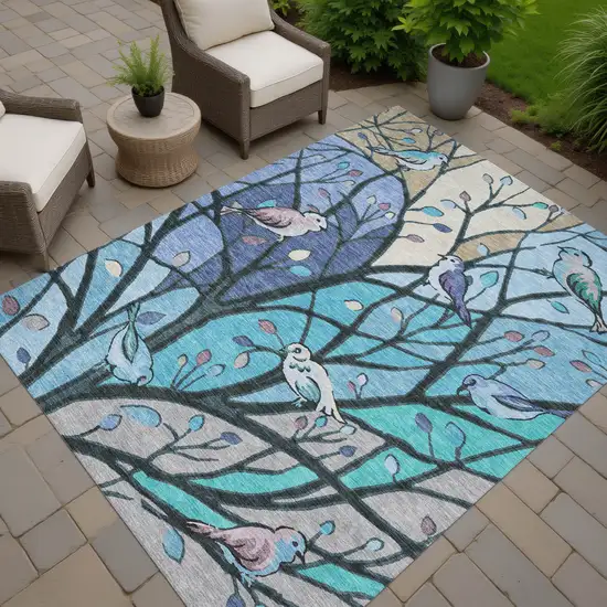 Blue Beige And Khaki Botanical Leaves Washable Indoor Outdoor Area Rug Photo 9