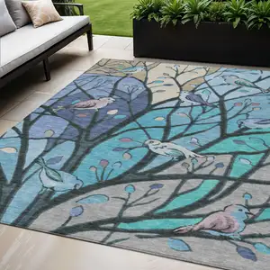 Photo of Blue Beige And Khaki Botanical Leaves Washable Indoor Outdoor Area Rug