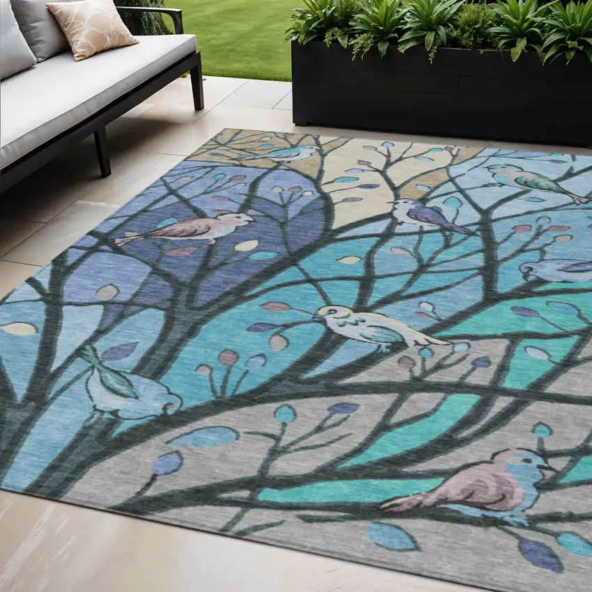 Blue Beige And Khaki Botanical Leaves Washable Indoor Outdoor Area Rug Photo 1