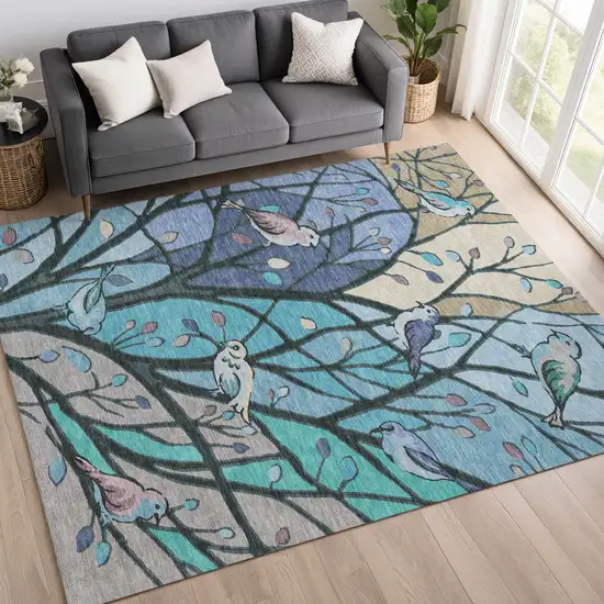 Blue Beige And Khaki Botanical Leaves Washable Indoor Outdoor Area Rug Photo 9