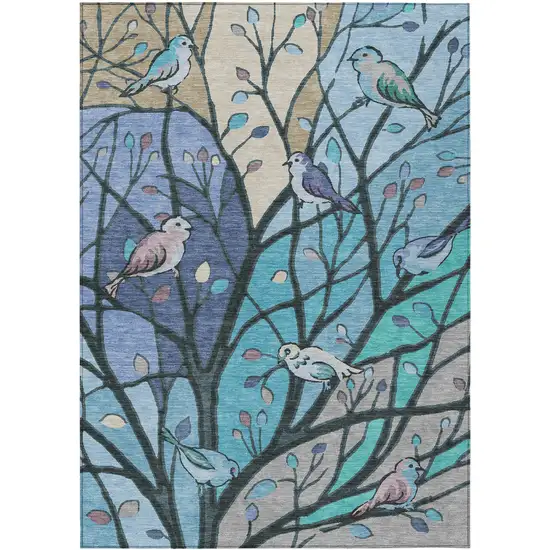 Blue Beige And Khaki Botanical Leaves Washable Indoor Outdoor Area Rug Photo 2