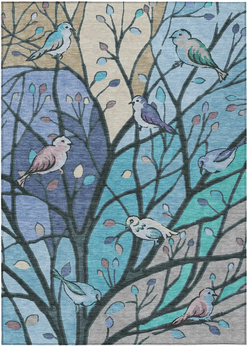 Blue Beige And Khaki Botanical Leaves Washable Indoor Outdoor Area Rug Photo 2