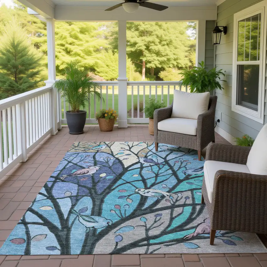 Blue Beige And Khaki Botanical Leaves Washable Indoor Outdoor Area Rug Photo 9