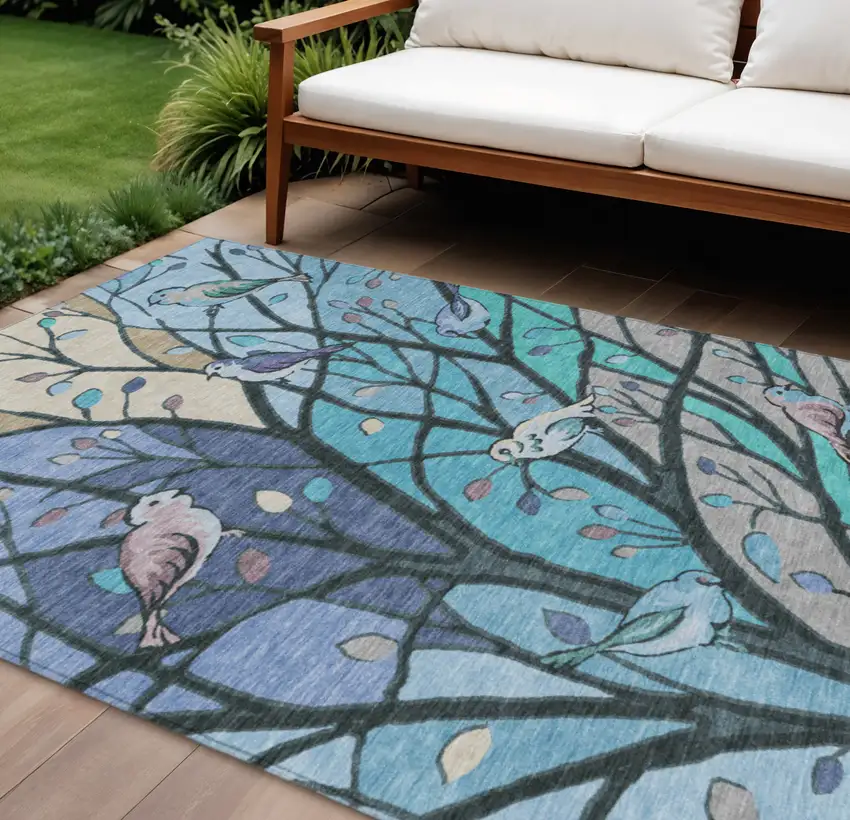 Blue Beige And Khaki Botanical Leaves Washable Indoor Outdoor Area Rug Photo 1