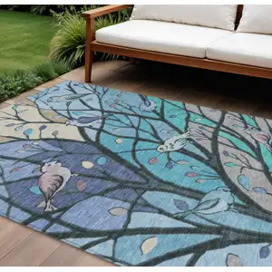 Photo of Blue Beige And Khaki Botanical Leaves Washable Indoor Outdoor Area Rug