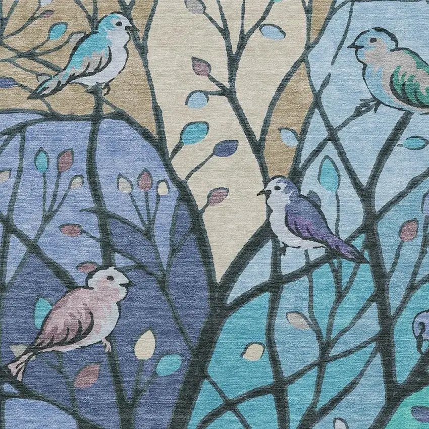 Blue Beige And Khaki Botanical Leaves Washable Indoor Outdoor Area Rug Photo 7