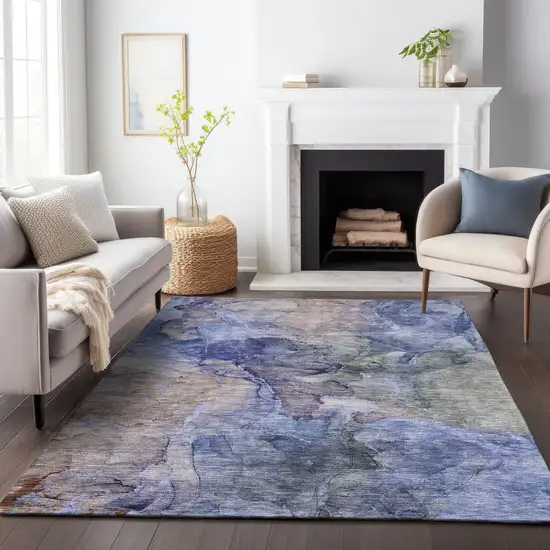 Blue Beige And Taupe Abstract Washable Area Rug With UV Protection Photo 4