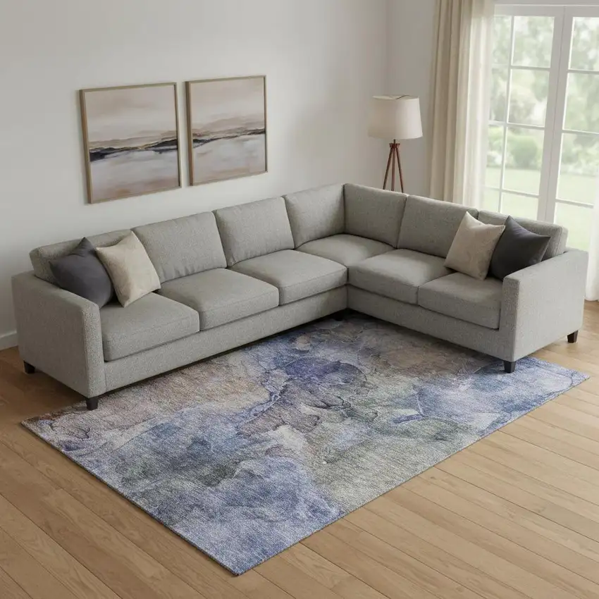 Blue Beige And Taupe Abstract Washable Area Rug With UV Protection Photo 1