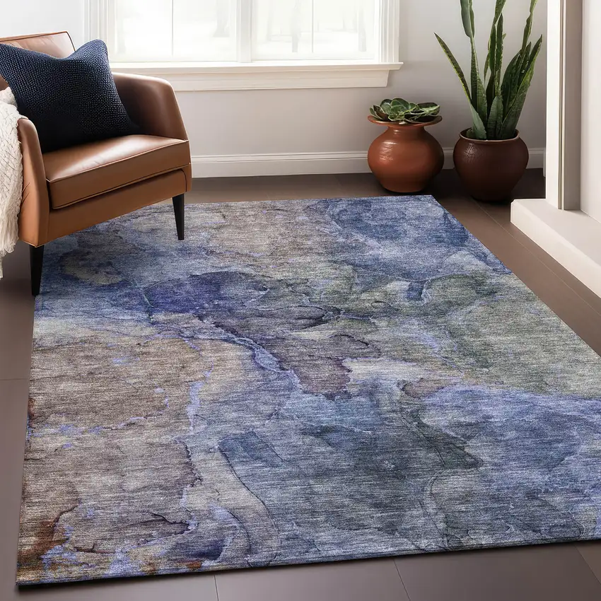 Blue Beige And Taupe Abstract Washable Area Rug With UV Protection Photo 5