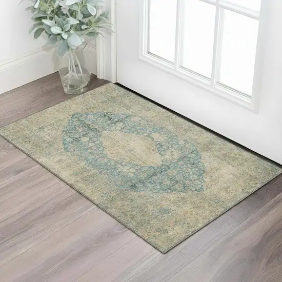 Blue Beige And Taupe Medallion Washable Area Rug With UV Protection Photo 2