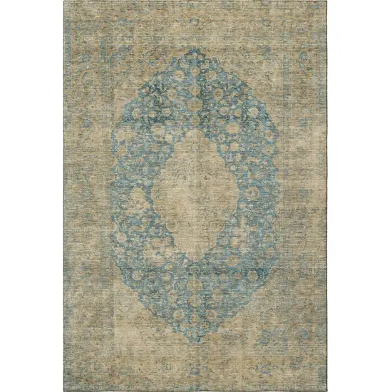 Blue Beige And Taupe Medallion Washable Area Rug With UV Protection Photo 3